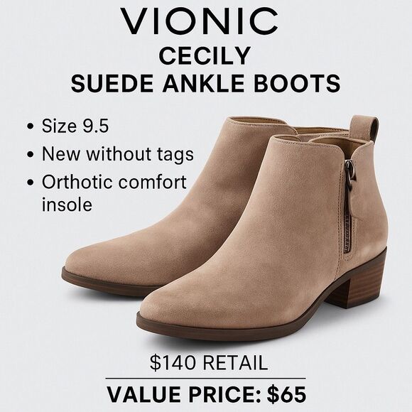 Vionic Cecily Suede Waterproof Ankle Boots Size 9.5 | NEW Orthotic Comfort $140 - Picture 1 of 15